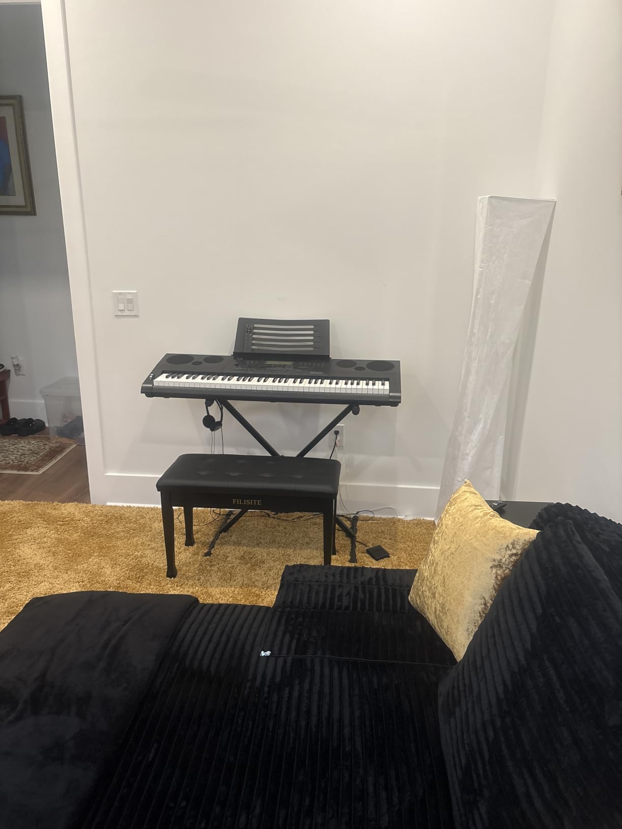 Duet Piano Bench with Storage, Wooden Piano Stool with Waterproof Padded Cushion, Bench Seat for Vanity, Living Room, Bedroom (Wood) customer photo 2